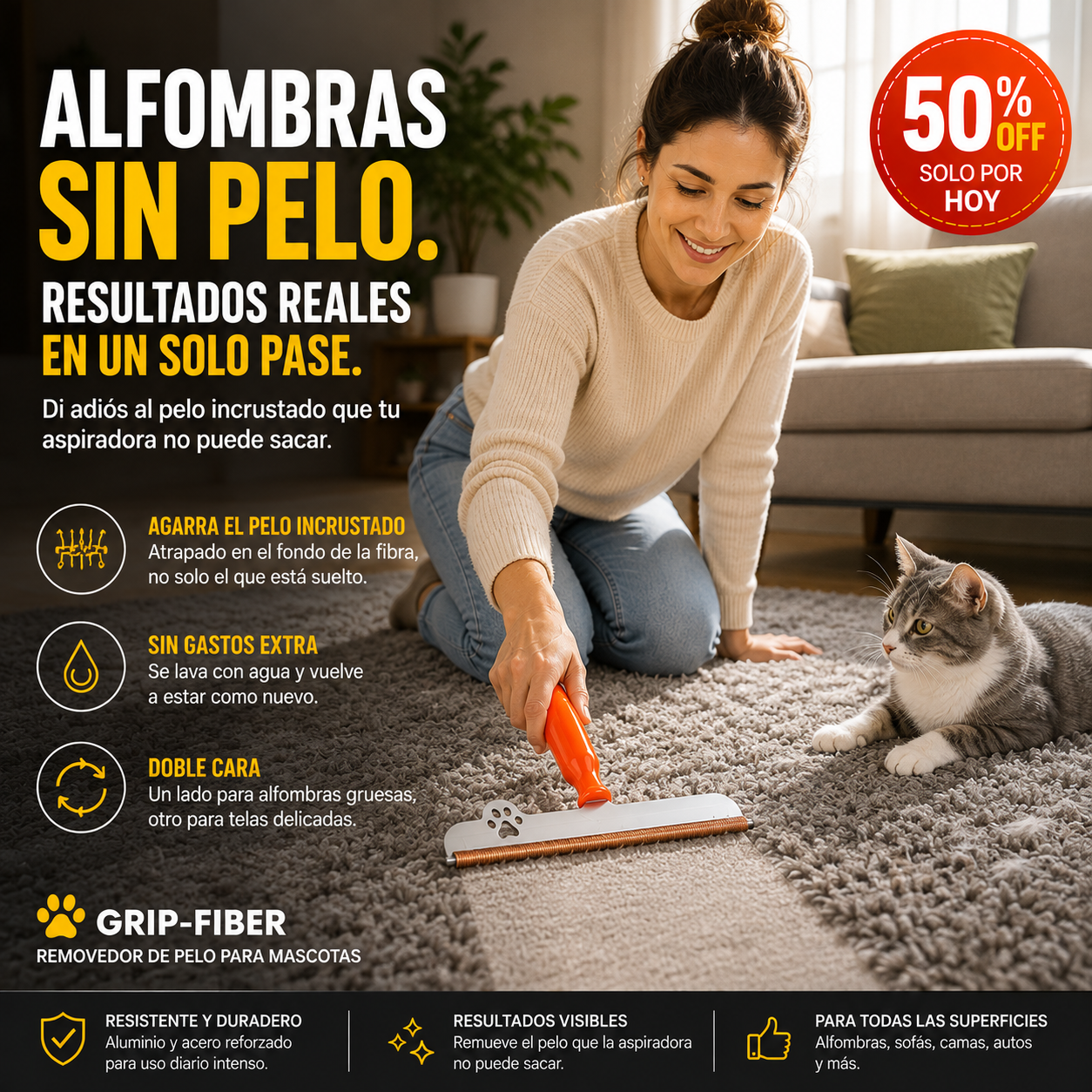 Grip Fiber® Saca el pelo que tu aspiradora nunca pudo sacar