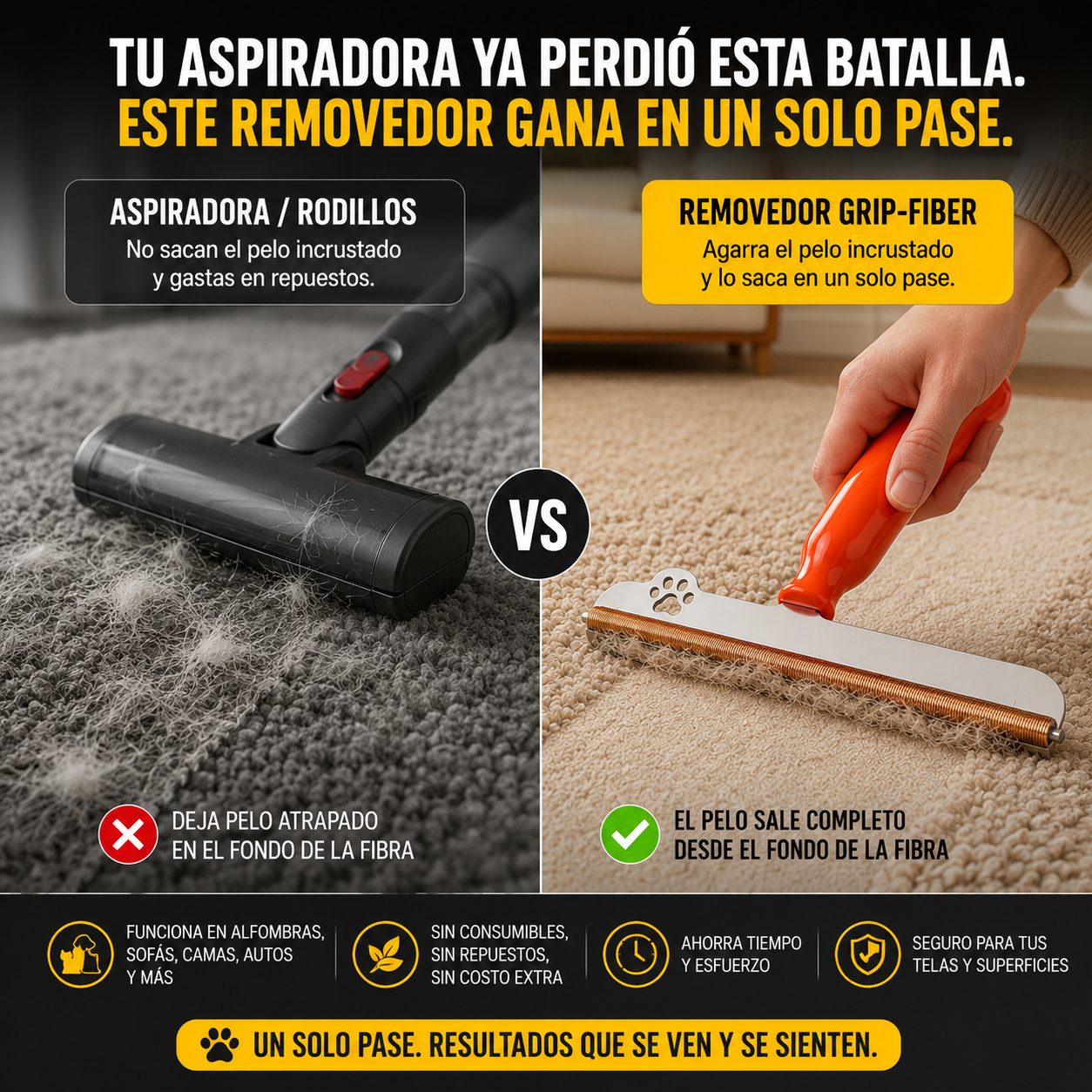 Grip Fiber® Saca el pelo que tu aspiradora nunca pudo sacar